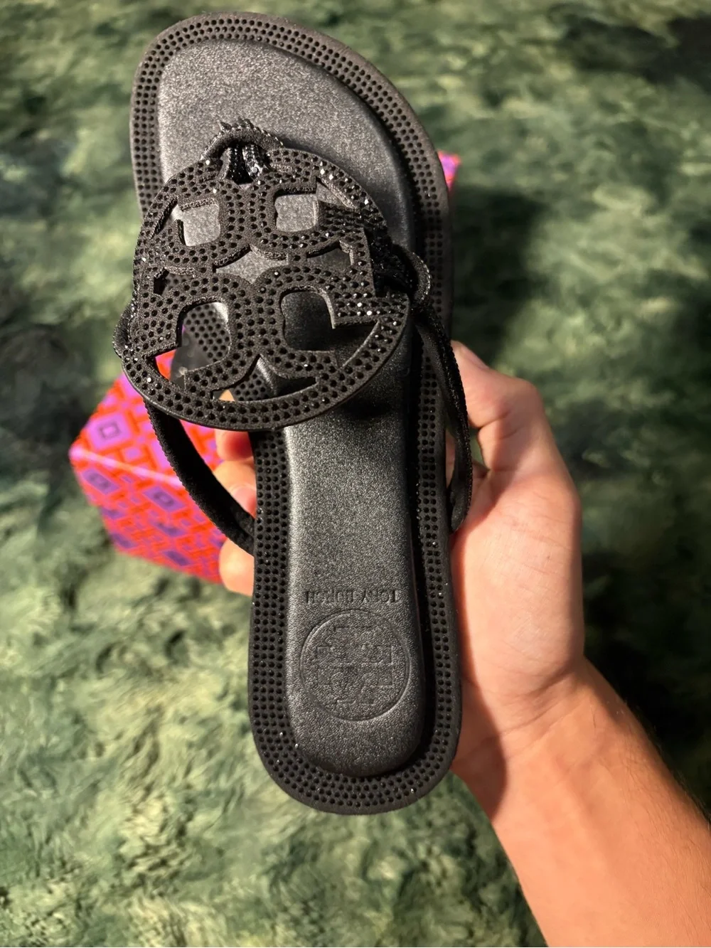 Tory Burch Black Crystal Logo Toe-Post Sandal